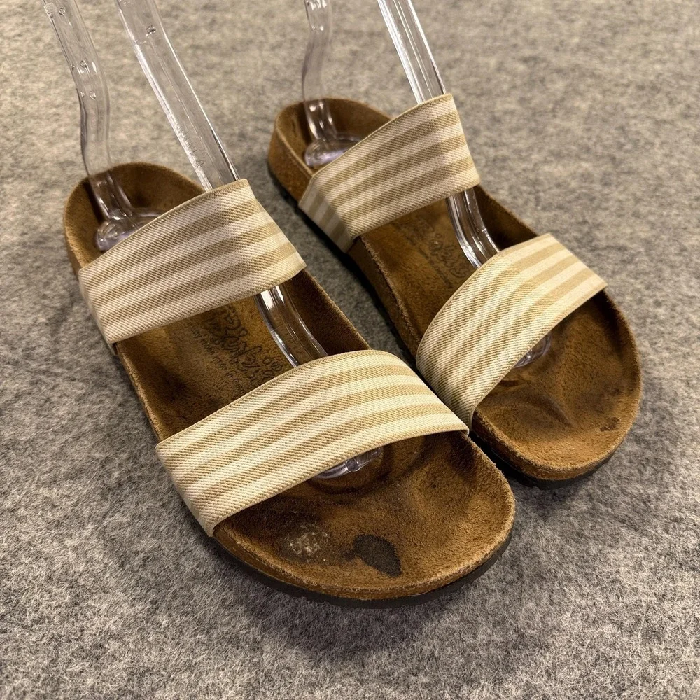 Birkenstock Birki's Sandals Womens 7 38 Beige Striped Slide Cork Comfort‎ Shoes